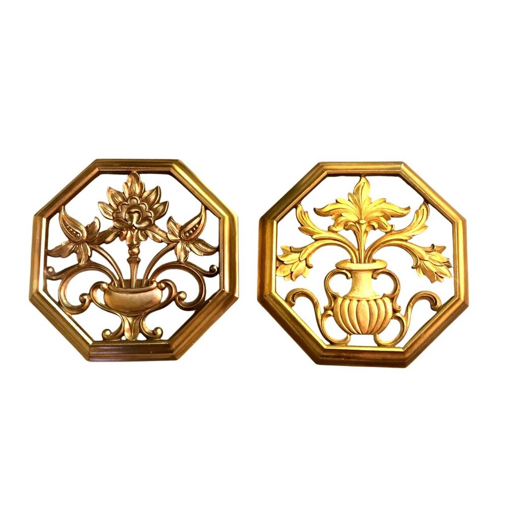 Hollywood Regency Syroco Gold Ornate Floral Wall Plaques Octagonal Set Of 2‎ MCM